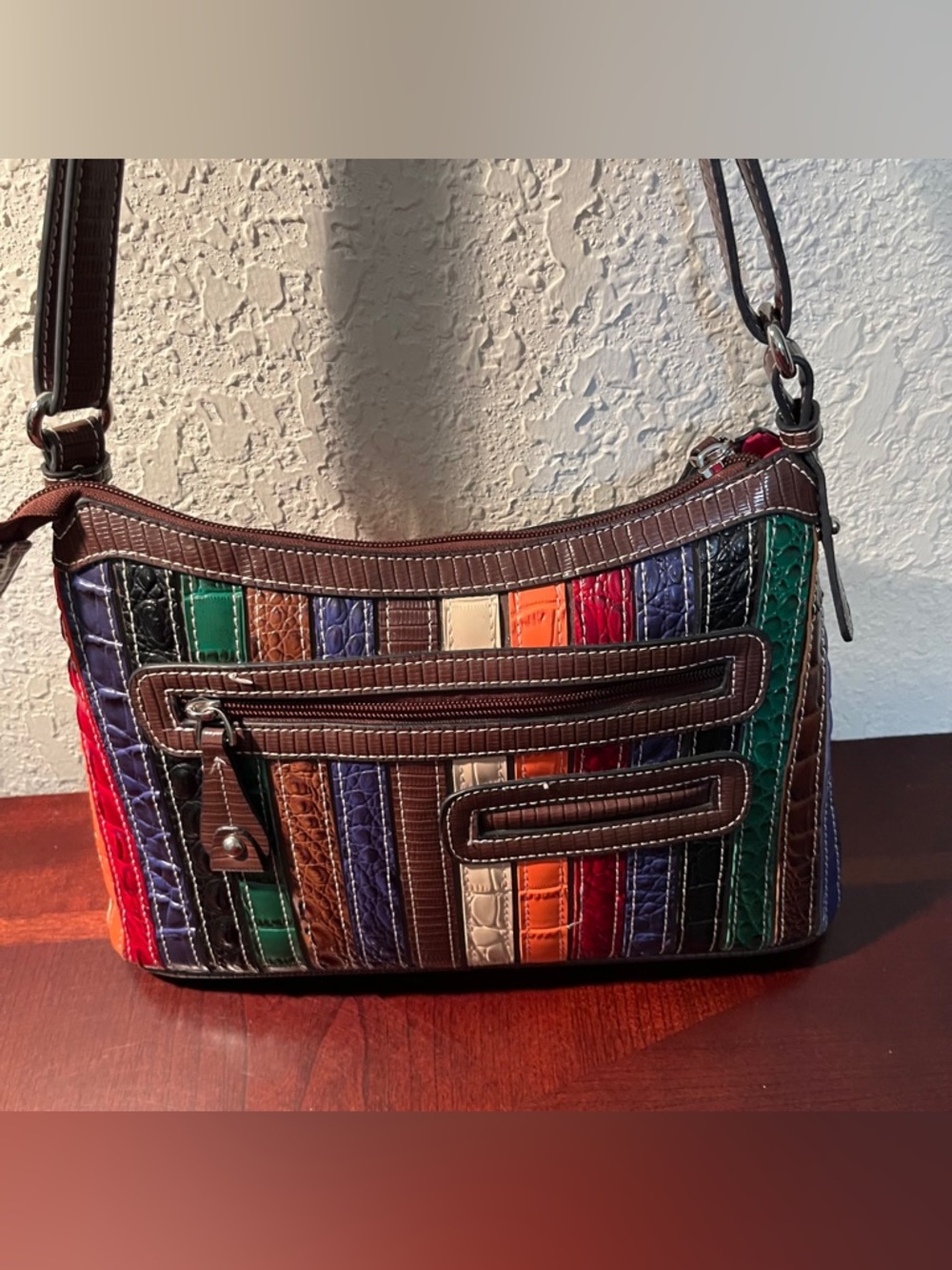 Multicolor Croc-Embossed Stripe Shoulder Bag - Picture 3 of 9